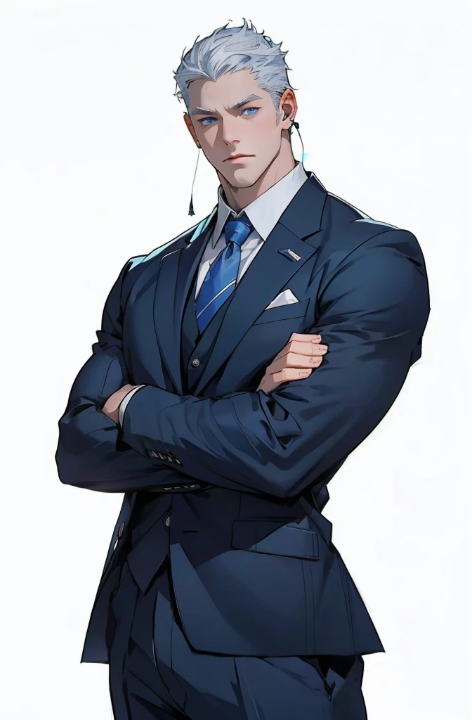Drawing of a young Chad, Dark blue suit,tie, White shirt,Pants,红色tie,入耳式earphone,earphone, Looking at the camera, male,Silver short hair,Blue Eyes,muscle,bodyguard,Light and Shadow,(Luminescence:1.5)