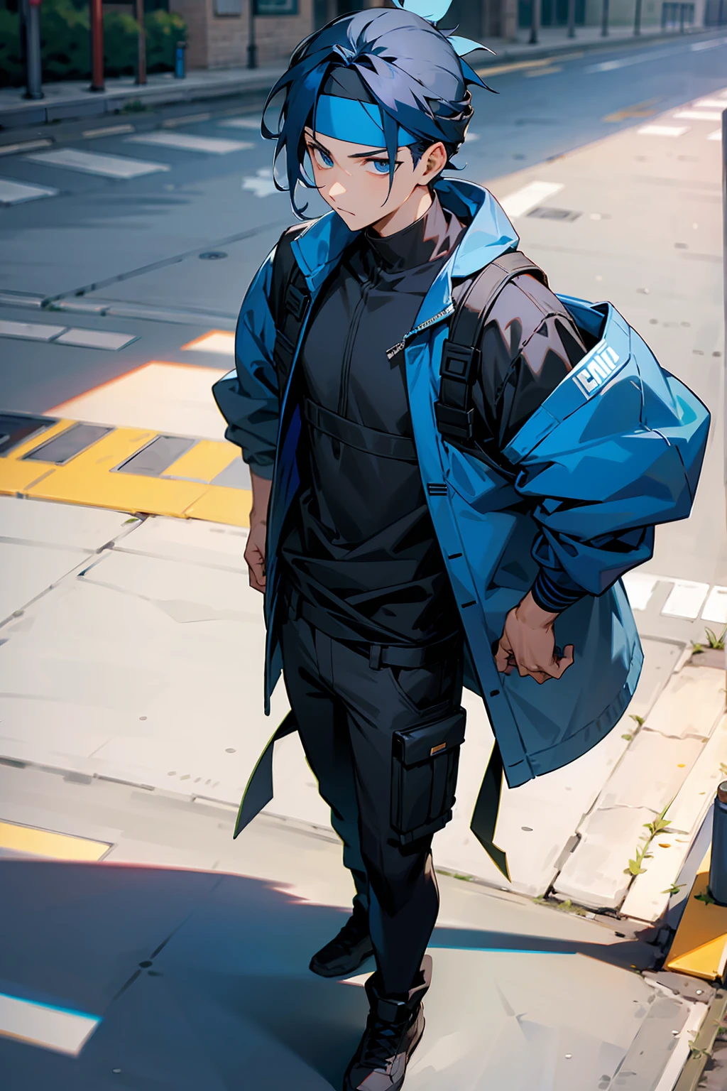 tired eyes , black and blue hair , 1male , perfect generation , modern combat clothing , standing on sidewalk , street clothing , headband , fitted clothing