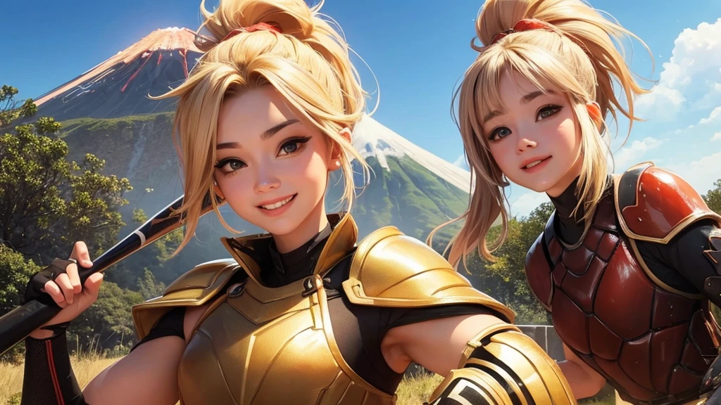 A beautiful female warrior is having fun playing baseball on a volcano。Sexy smile、Blonde ponytail、armor