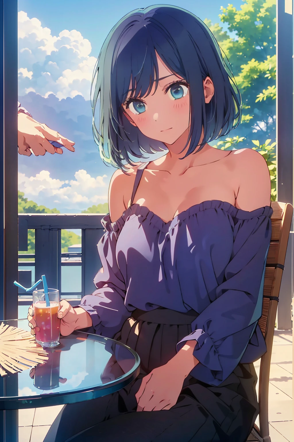 (Highest quality:1.4、masterpiece:1.4、超detailed:1.4、Ultra-high resolution:1.4、Absurd:1.4、Absolute Resolution:1.4、8K:1.4、detailed:1.4)、Slim body、((((1 person、Surprised expression、sit、Chair、In the background are the urban buildings of Tokyo、looking at the camera、Outdoor café terrace、Navy hair color、juice、table、Get up close and take a photo、Shooting from an angle、Very cute face))))、((((nude、very beautiful areola))))、(Pose with hands tucked behind ears:1.4、Cheek resting on hand:1.4)、(((Black off-the-shoulder blouson with zipper、Take off your clothes)))、Very blue sky、A completely cloudless sky、Nipples