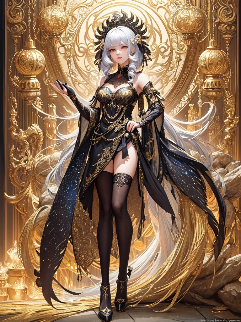 (masterpiece, top quality, best quality, official art, beautiful and aesthetic:1.2), (1girl), diamonds, gold, silver, paladium, titanium, mithril, extremely detailed, ornament, sci-fi, (fractal art:1.3), millions of colors, colorful, HD image, wide angle, top to toe, full body, highest detailed.