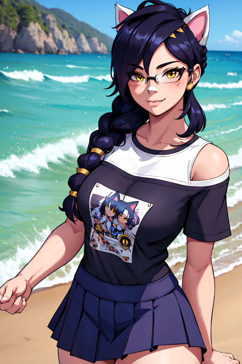 Erisa, 1girl, solo, long hair, looking at viewer, black hair, bandaid on face, yellow eyes, animal ears, smile, bandaid on nose, braid, cat ears, bandaid, bangs, breasts, fake animal ears, simple background, fang, bare shoulders, scar, bare shoulders, short sleeves, closed mouth, t-shirt, hair over one eye, portrait, hair over shoulder, skin tight shirt, legs, glasses, school wear,  outfit, short skirt, ocean view, seductive, realistic, best quality, masterpiece, ultra detail, ultra high res, extreme detail, 8k, uhd