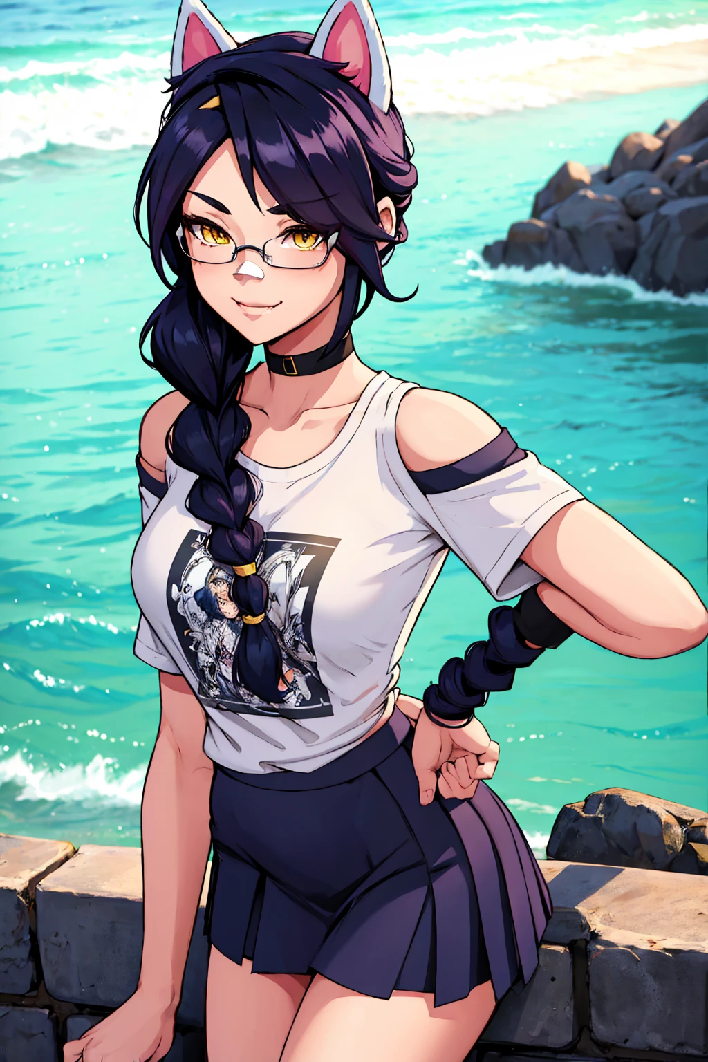 Erisa, 1girl, solo, long hair, looking at viewer, black hair, bandaid on face, yellow eyes, animal ears, smile, bandaid on nose, braid, cat ears, bandaid, bangs, breasts, fake animal ears, simple background, fang, bare shoulders, scar, bare shoulders, short sleeves, closed mouth, t-shirt, hair over one eye, portrait, hair over shoulder, skin tight shirt, legs, glasses, school wear, outfit, short skirt, ocean view, seductive, realistic, best quality, masterpiece, ultra detail, ultra high res, extreme detail, 8k, uhd