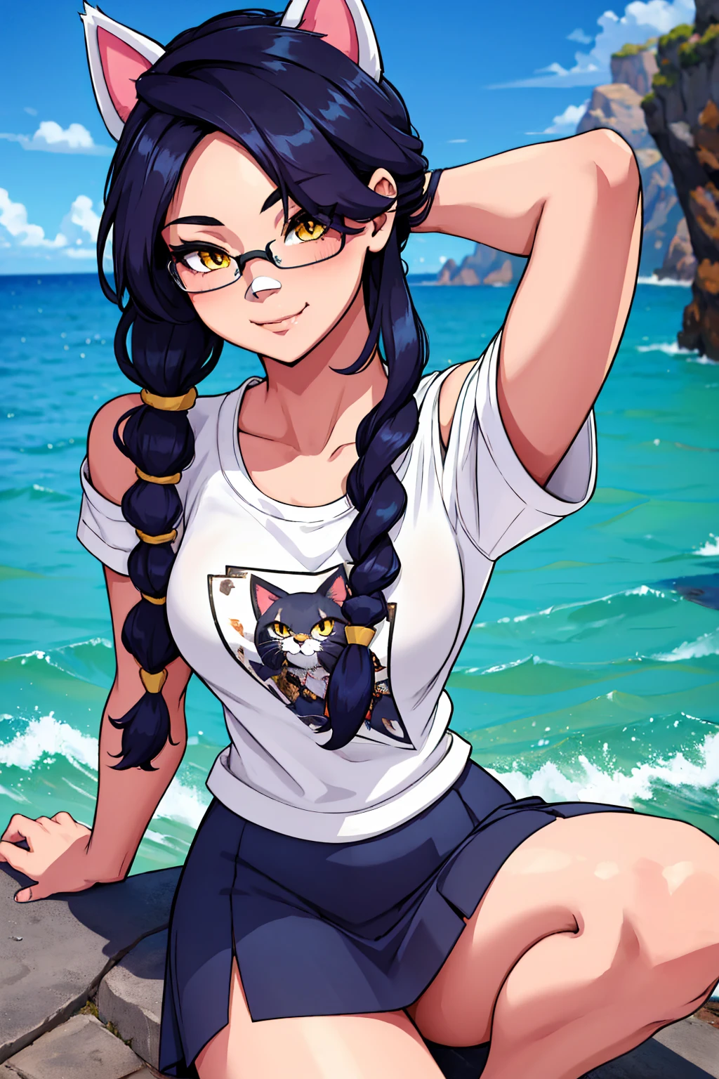 Erisa, 1girl, solo, long hair, looking at viewer, black hair, bandaid on face, yellow eyes, animal ears, smile, bandaid on nose, braid, cat ears, bandaid, bangs, breasts, fake animal ears, simple background, fang, bare shoulders, scar, bare shoulders, short sleeves, closed mouth, t-shirt, hair over one eye, portrait, hair over shoulder, skin tight shirt, legs, glasses, school wear, outfit, short skirt, ocean view, seductive, realistic, best quality, masterpiece, ultra detail, ultra high res, extreme detail, 8k, uhd