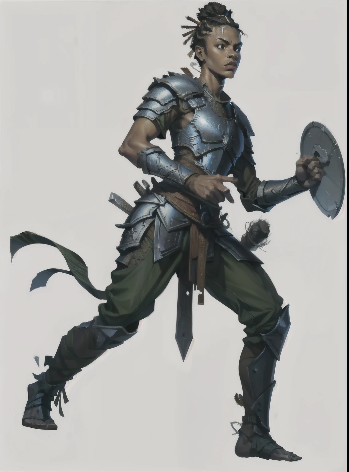 I want a character with a white background, png, Full body image, a warrior, of African descent, with plate armor and a large sword resting in his hand on the ground, and a posture of honor, black hair, and drawing his sword.
