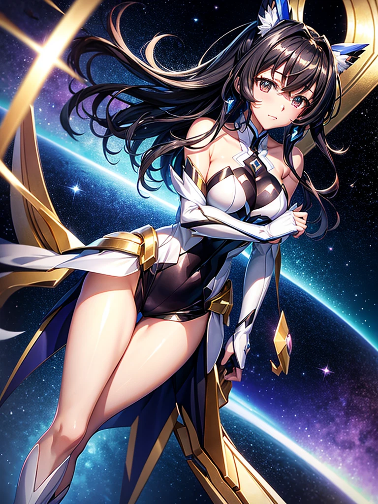 Highest quality,Highest Resolution,A beautiful girl in a metallic high-leg outfit, like Tsubasa Kazanari from Symphogear,Earth Behind,universe,Milky Way,Black Hair,