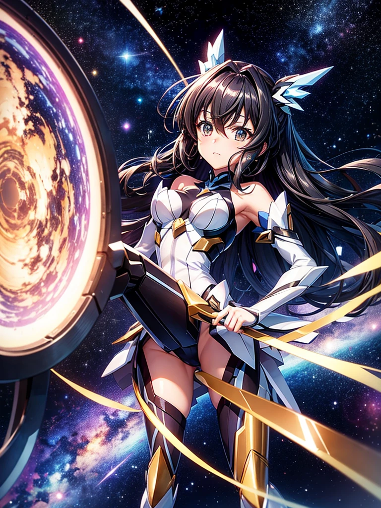 Highest quality,Highest Resolution,A beautiful girl in a metallic high-leg outfit, like Tsubasa Kazanari from Symphogear,Earth Behind,universe,Milky Way,Black Hair,