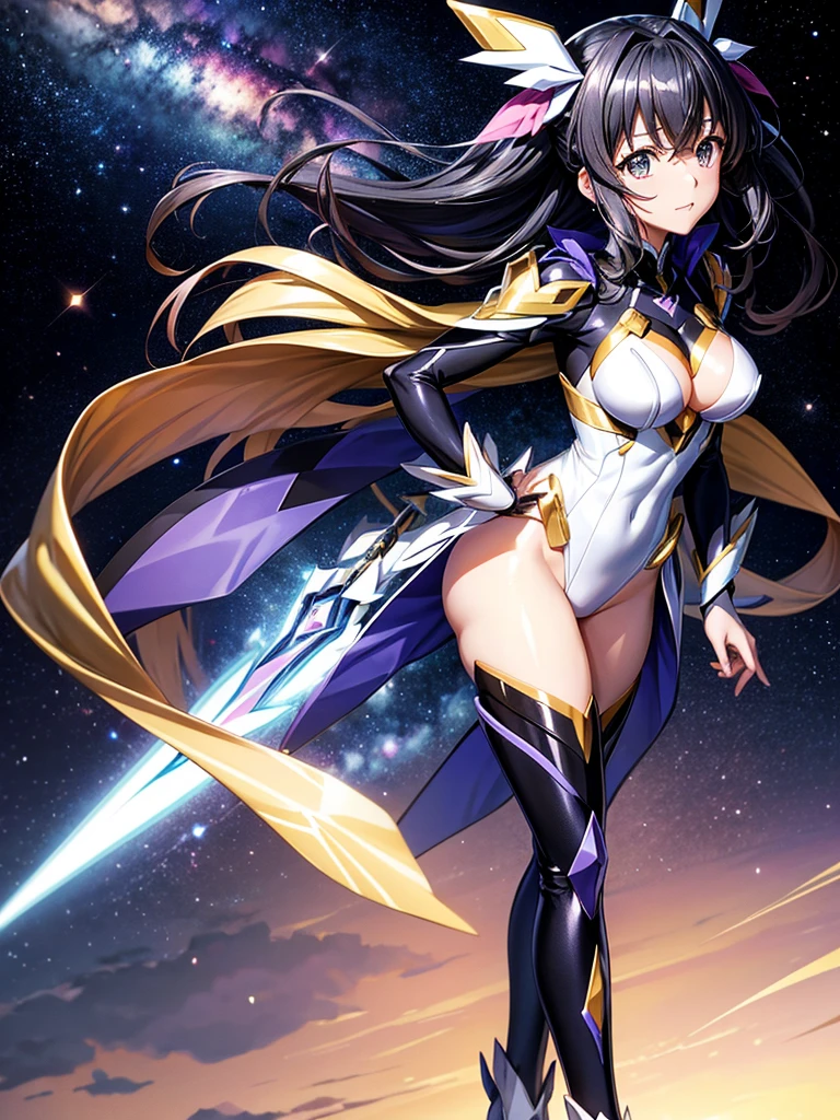 Highest quality,Highest Resolution,A beautiful girl in a metallic high-leg outfit, like Tsubasa Kazanari from Symphogear,Earth Behind,universe,Milky Way,Black Hair,