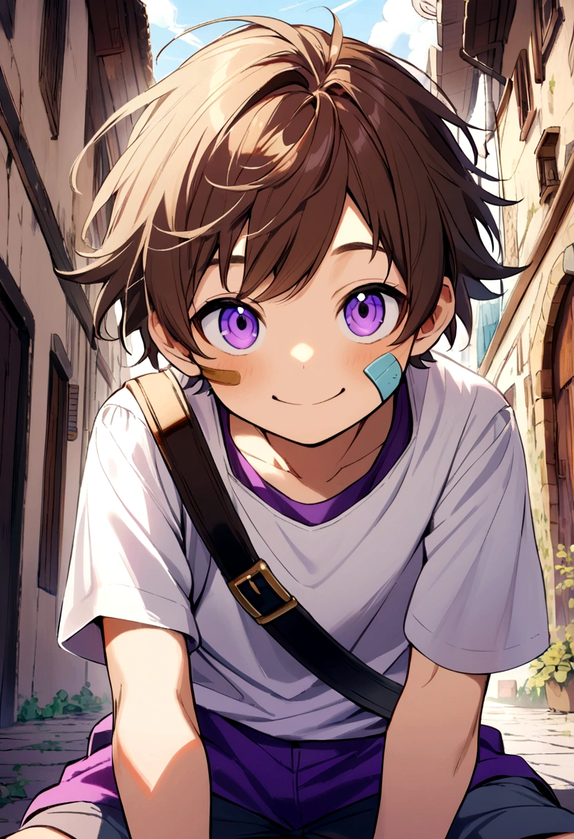 6 year old boy, brown hair, purple eyes, band aid on face, purple tank top, white t-shirt inside, smiling.