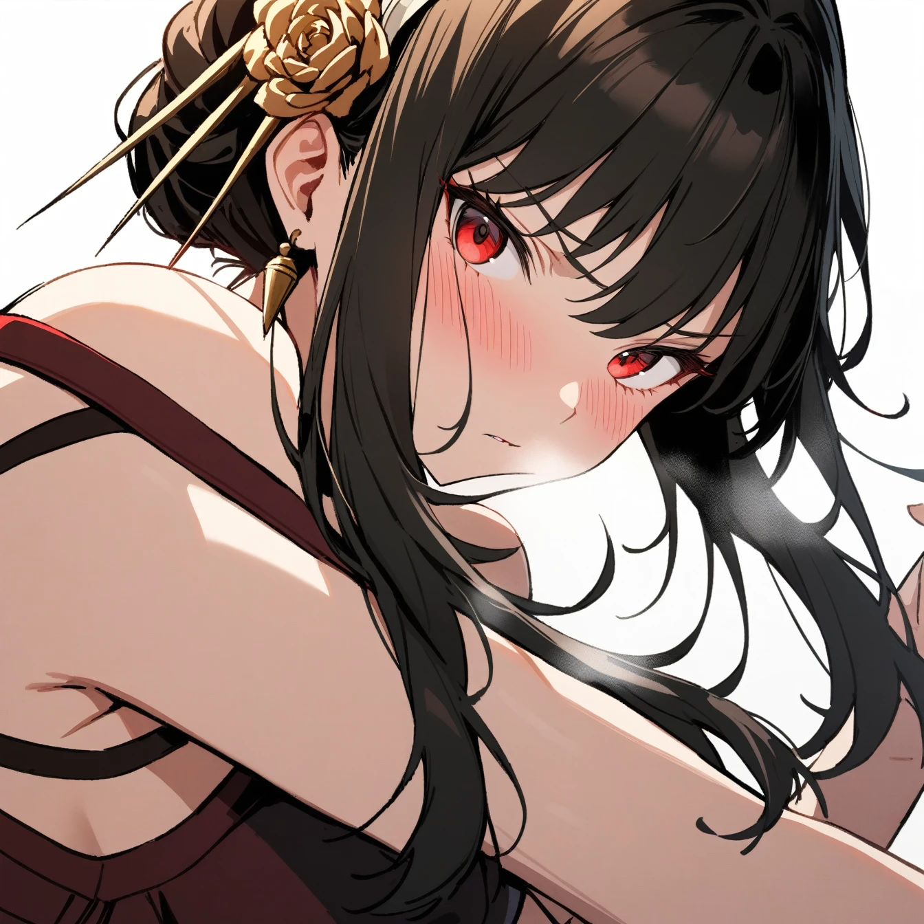 1 girl, yorbriar, yor briar,alone, viewer, pure white background, blush, red eyes, breathing, avatar, half body, comic style colorless, angle, masterpiece, best quality, fighting stance