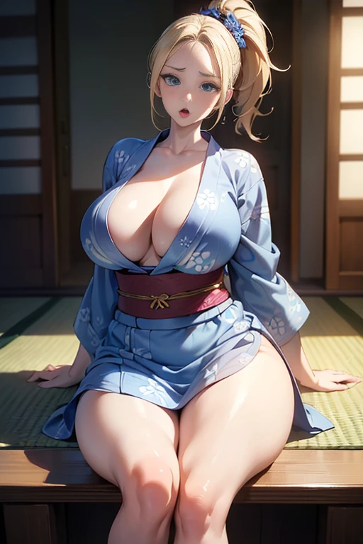 masterpiece,Highest quality,Super detailed,Super Resolution,Beautiful feet,Detailed face,Detailed Hair,Detailed skin,Fine grain,alone,1 Girl,((blue eyes))Clear nose,Pale skin,(Blonde ponytail),(((middle part))),(((Huge breasts))),((expensive)),Natural Body,Long legs,Hip Focus,(((Curvy)),(yukata),(Open your mouth),