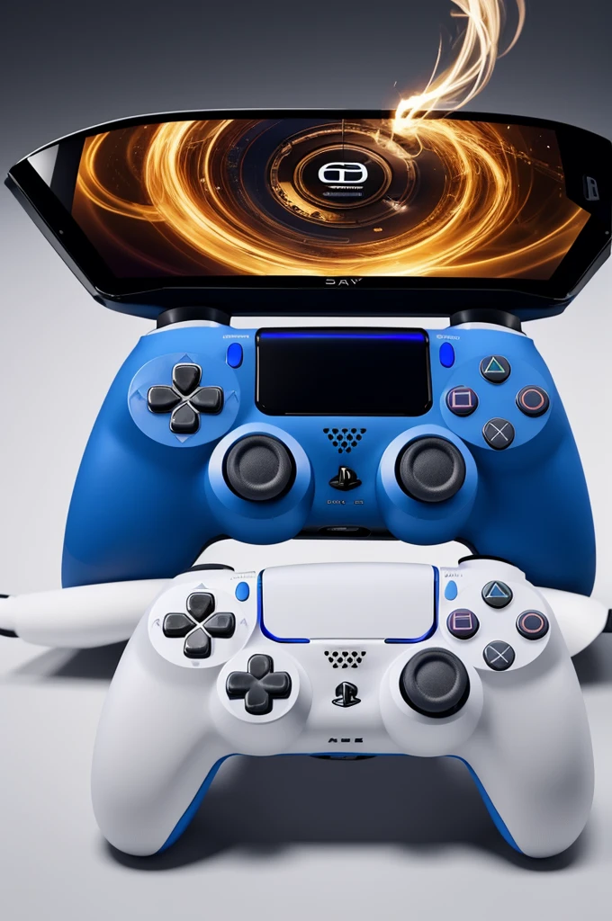 A stunning 3D rendering of a futuristic PlayStation 5 controller, featuring a sleek monochromatic design with subtle Japanese-inspired elements. The controller takes a prominent place in the foreground, with its shiny buttons and ergonomic shape. The background shows a majestic golden crown, surrounded by swirling clouds of multicolored smoke, adding a touch of mystique. Under the crown is written the word "The Wener player", that intrigues the viewer. The image perfectly combines technology, design and illustration, creating a visually stunning and dynamic poster that captures the essence of modern gaming and fashion.
