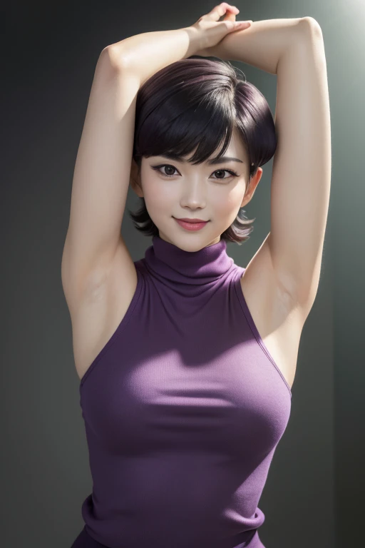 80's_jiaopian, 1girl, ((realistic)), ((photorealistic)),((high-res, masterpiece, best quality, cinema lighting)), masterpiece, best quality:1.2), upper body, solo, 1girl, smile, opened mouth, masterpiece, best quality, 4k, realistic, photograph, cinemtaic lighting, modelshoot, perfect lighting, perfect detailed face, professional photoshoot, seductive smile,beautiful,japanese female,(mature female 1.3),(((medium breasts))),((((Komi Shuuko)))), dark purple hair, light purple turtleneck sweater, sleeveless, arms up, armpits visible, smooth armpits