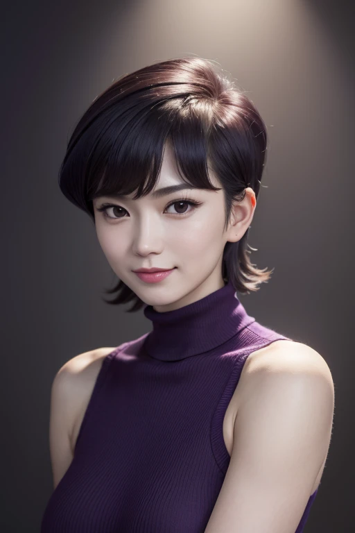 80's_jiaopian, 1girl, ((realistic)), ((photorealistic)),((high-res, masterpiece, best quality, cinema lighting)), masterpiece, best quality:1.2), upper body, solo, 1girl, smile, opened mouth, masterpiece, best quality, 4k, realistic, photograph, cinemtaic lighting, modelshoot, perfect lighting, perfect detailed face, professional photoshoot, seductive smile,beautiful,japanese female,(mature female 1.3),(((medium breasts))),((((Komi Shuuko)))), dark purple hair, light purple turtleneck sweater, sleeveless, arms up, armpits visible, smooth armpits