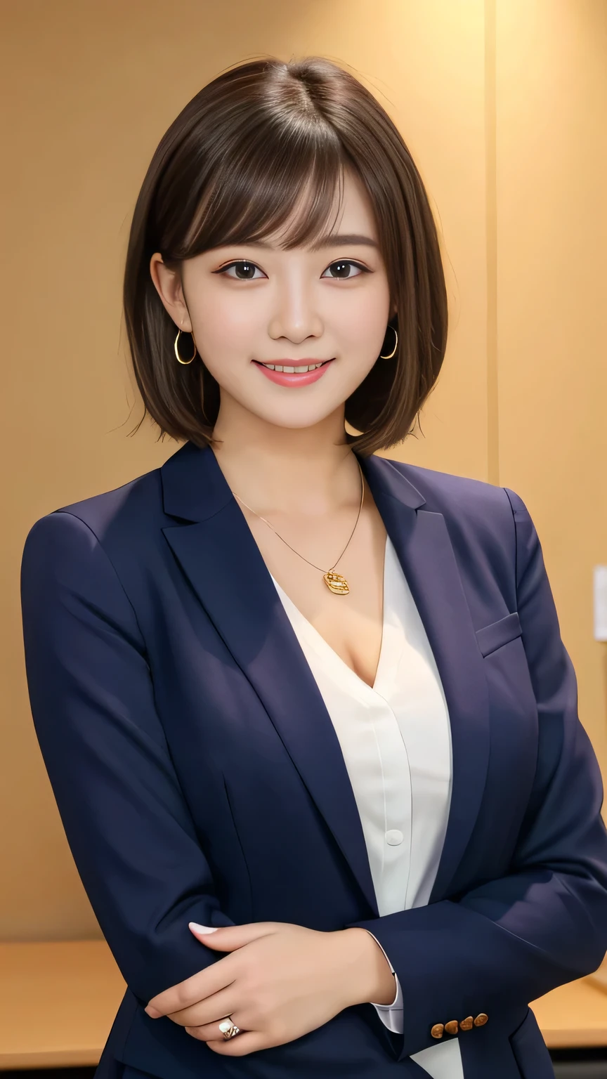 Highest quality:1.2), RAW Photos, High resolution, Very detailed, Intricate details, short hair、ear piercing、smile、Black Hair, (Front view, ), Clear beauty, Standing in office room, Upper Body, (High quality fabric, Office Lady Suit 、, Necklace around the neck、 The background is the office
