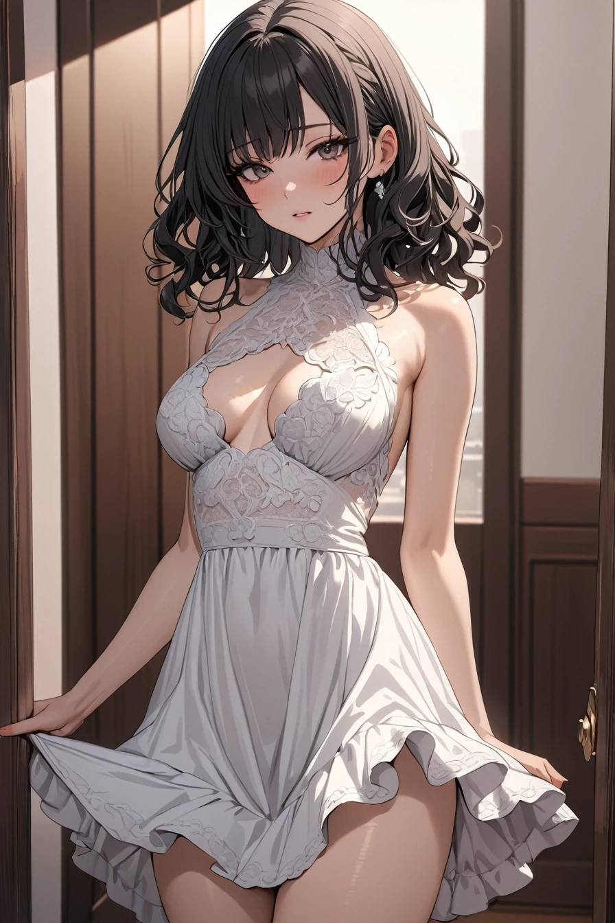 masterpiece,best quality,ultra detailed ,1girl ,black hair ,medium hair ,wavy hair Neat dress