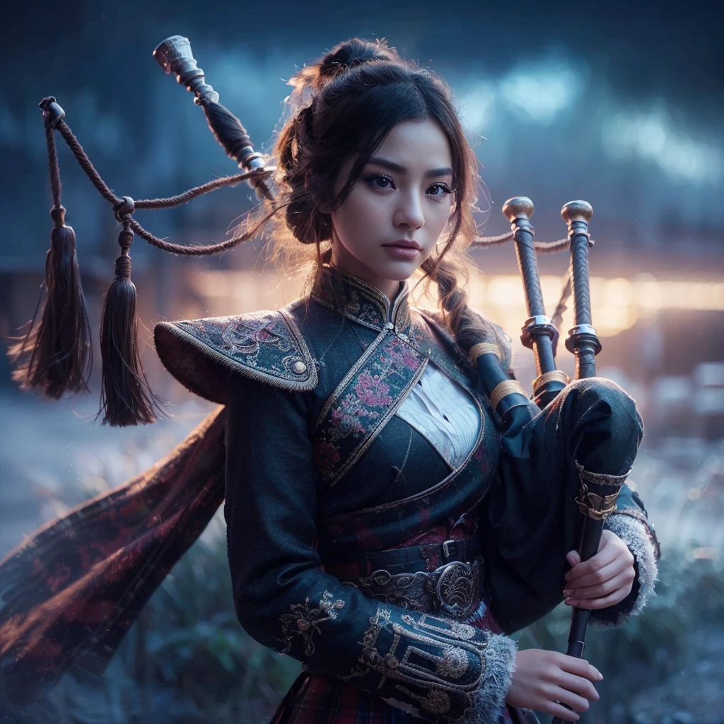 A beautiful Chinese girl, 1girl, wearing bagpipe jacket and bagpipe kilt, extremely detailed eyes, beautiful detailed lips, long eyelashes, exquisite makeup, elegant posture, photorealistic, digital art, cinematic lighting, vibrant colors, dramatic atmosphere, fantasy landscape, magical elements, (best quality, 4k, 8k, highres, masterpiece:1.2), ultra-detailed, (realistic, photorealistic, photo-realistic:1.37), concept art, dramatic lighting