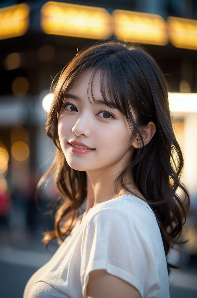 (8K, RAW Photos, masterpiece:1. 2), (Realistic, photo-Realistic:1. 37), Super detailed, Half Body, 1 Girl, alone, Beautifully detailed skies, Beautiful attention to detail, Beautiful and detailed lips, Professional Lighting, Photon Mapping, In front of the convenience store, Physically Based Rendering, Highly detailed eyes and face, Beautiful attention to detail, Light on the face, One girl, Looking at the audience, Captivating smile, Curly Hair, Cinema Lighting, Highest quality
