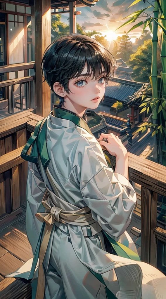 ((4K works))、​masterpiece、(top-quality)、One Beautiful Boy、thin body、thin boy,tall、((green Hanfu、Charming street style))、(Detailed beautiful eyes)、Stylish Chinese house 、((bamboo forest background))、((dark sky))、((Shot on a stylish veranda))、mid night、((Short-haired black hair))、((Smaller face))、((Neutral face))、((growing eyes))、((Adult male 16 years old))、((1boy))、((anime boy))、((elongated and sharp eyes))、((16 year old boy))、((boyish))、((Upper body photography))、Professional Photos、((Shot alone))、((shot from back))、((Shot so that the back of the head is visible))、((Shot in close proximity to him))、((Focus zoom in))、((He is watching the sunset))、((He is standing on the balcony)),long hair, 16k,