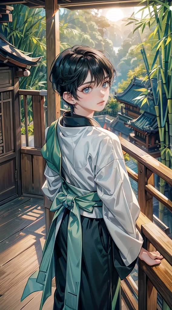 ((4K works))、​masterpiece、(top-quality)、One Beautiful Boy、thin body、thin boy,tall、((green Hanfu、Charming street style))、(Detailed beautiful eyes)、Stylish Chinese house 、((bamboo forest background))、((dark sky))、((Shot on a stylish veranda))、mid night、((Short-haired black hair))、((Smaller face))、((Neutral face))、((growing eyes))、((Adult male 16 years old))、((1boy))、((anime boy))、((elongated and sharp eyes))、((16 year old boy))、((boyish))、((Upper body photography))、Professional Photos、((Shot alone))、((shot from back))、((Shot so that the back of the head is visible))、((Shot in close proximity to him))、((Focus zoom in))、((He is watching the sunset))、((He is standing on the balcony)),long hair, 16k,