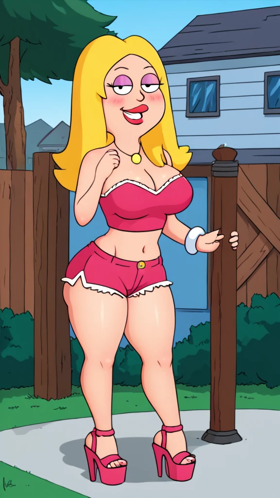 francine, flat color, blonde hair, 1girl, long hair, white braclet, extra large breasts, solo, necklace, cleavage, tight strapless pink crop-top, pink short shorts, red lips, standing, looking at viewer, outdoors, full-body, smile, blushing, open-toe platform high heels, thick thighs