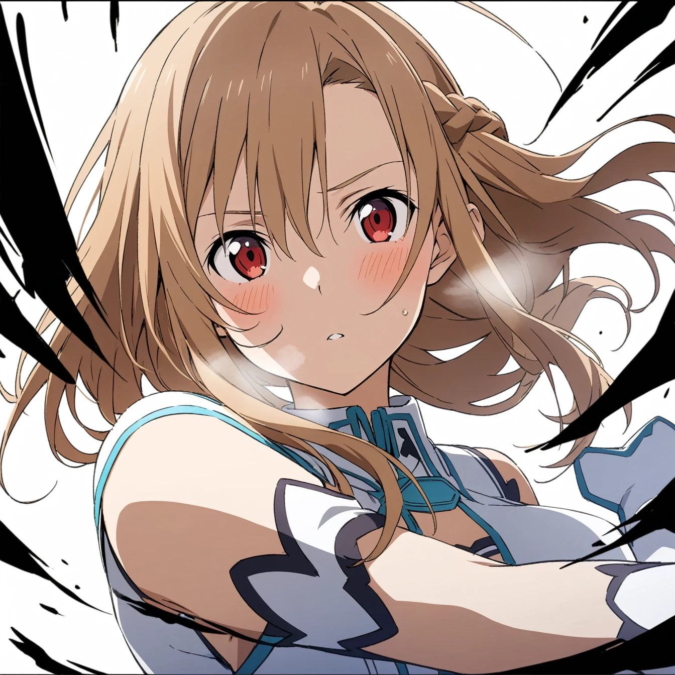 1 girl, Asuna, Sword Art Online,alone, viewer, pure white background, blush, red eyes, breathing, avatar, half body, comic style colorless, angle, masterpiece, best quality, fighting stance