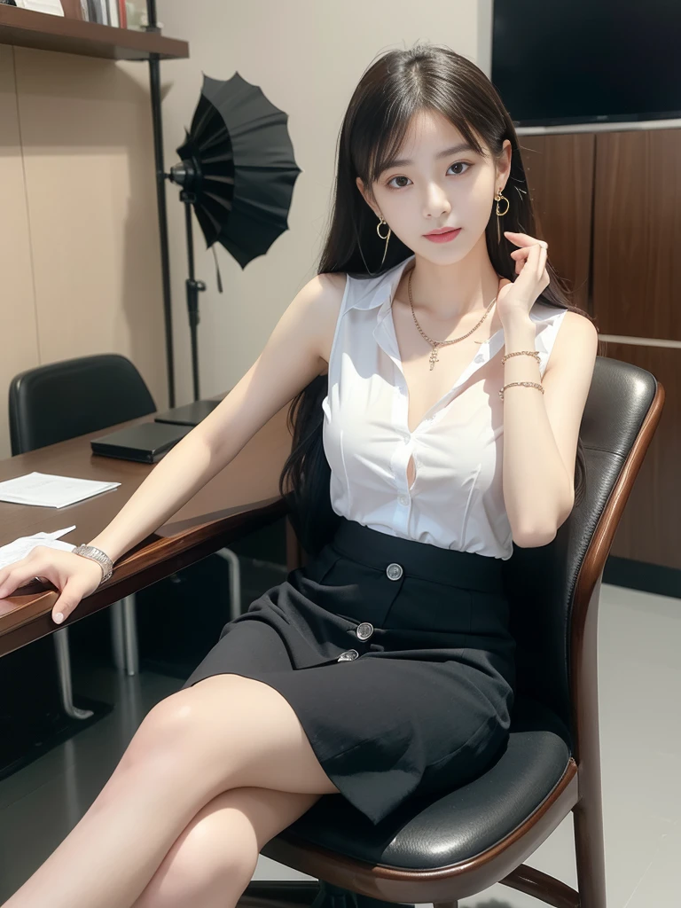 (((Practical photography))),, portrait,Upper body, Korean,(arrogant的臉:1.3),, 1 girl,beautiful girl, arrogant,Sit in a large class chair , (necklace,earrings,bracelet:1.1), Sleeveless shirt,Button-down shirt and hip skirt,mini skirt , (cleveage:0.3),, In the CEO's office, (Environmental details:1.3),, (original photo, CG Unity, photography, ultra Practical details, Clear focus, Delicate skin,4K, high resolution, masterpiece, best quality, Practical, Full of energy:1.2),, (8K,4K, Ultra-high quality, high resolution, professional, Movie-like, , dramatic),(armpits,crossed_Legs:1.2), Detailed office background,