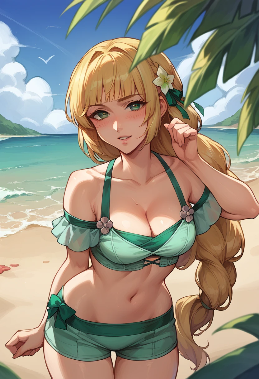 score_9, score_8_up, score_8_up, source_anime BREAK 1girl, solo, sumingrid, bangs, hair flower, hair ornament, braided ponytail, cleavage, green bikini, off-shoulder, green shorts, green bow, beach, outdoors, parted lips, naughty face, blush, looking at viewer, standing