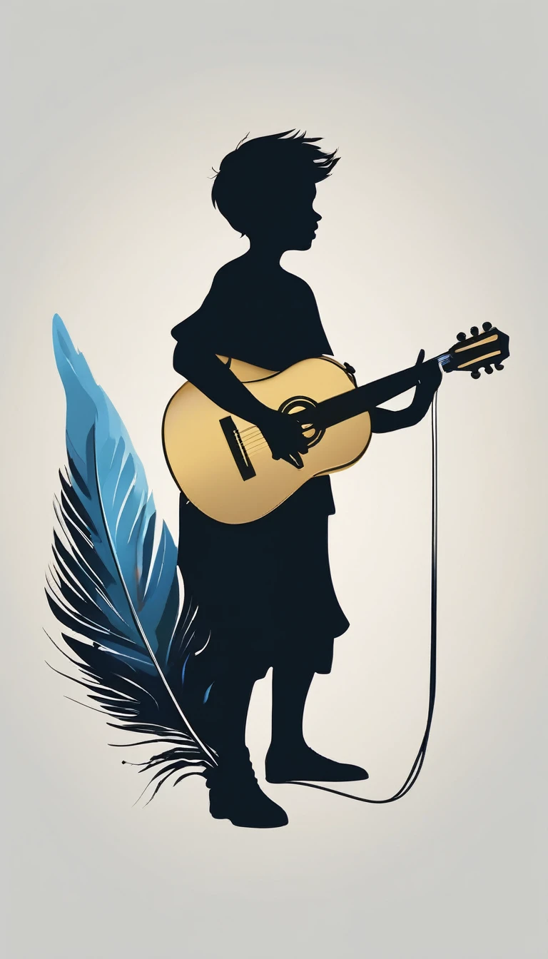 A minimal, modern, simple, cinematic logo design for the brand “Penamemoria". The logo design must be a simple, silhouette of a boy, standing up, playing acoustic guitar and fantasy feather by his side. The logo must convey a sense of music, stories, memories and dreams. Logo design impressed on a book cover. Minimalistic logo. Light blue, white and soft golden as colors for the logo design