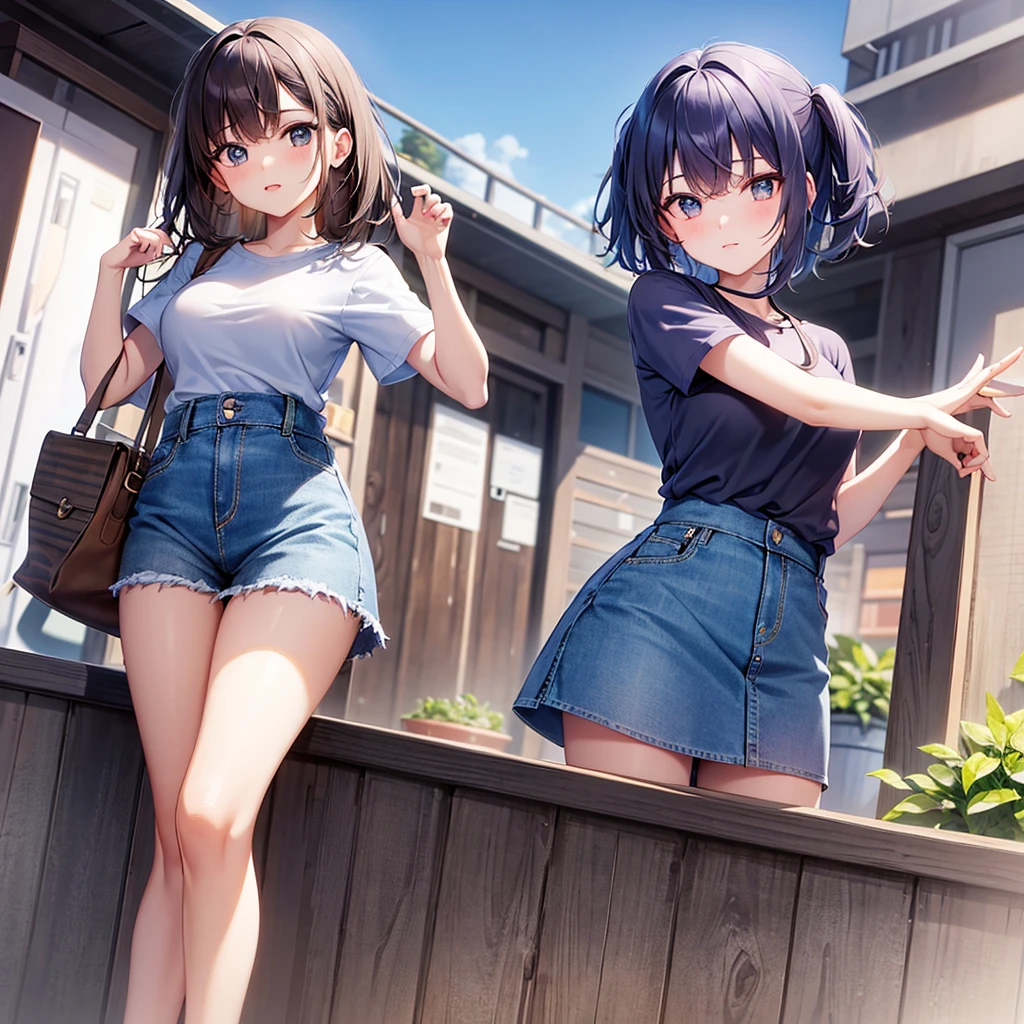 8K high quality,1 pretty girl,Short sleeve,Denim skirt