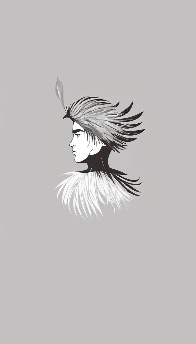 A minimal, modern, simple, cinematic logo design e of a boy with a head full of feathers for the brand “Penamemoria" .