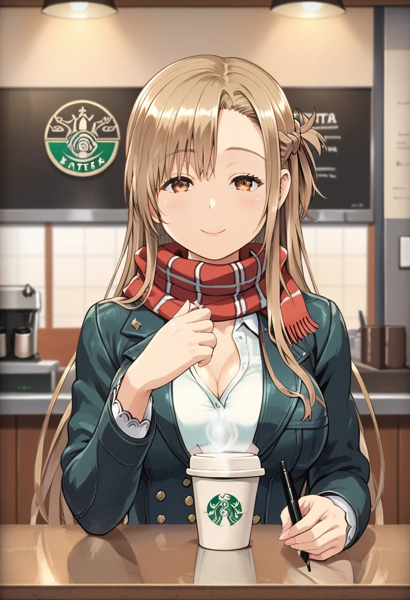 score_9, score_8_up, score_7_up, rebis style-pxl, source_anime, 1girl, solo, masterpiece, best quality, detailed face, face focus, BREAK asuna_\(sao\), 1girl, solo, scarf, jacket, coffee shop, pleated skirt, masterpiece, beautiful, best quality,