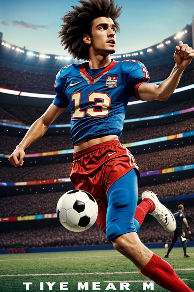 Disney Pixar type poster of a character movie, very tall and skinny, bad hair, Playing football, with the word "My moment" of title 