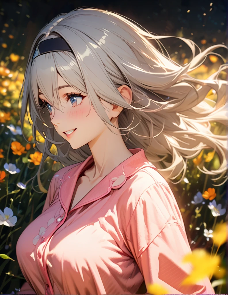 beautiful girl, long grey hair, beautiful face,smiling,close up to hips, beautiful breast, in the middle of flowers field, (open mouth:0.4),illustration,detailed textures(realists),ultra-detailed,portrait style,vivid colors,soft lighting, blushing, mature, hair fluttering, evening light , head band, ((half body)),  sideboob, wearing casual pajamas, perky. ((side profile until hips))