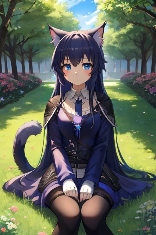 anime cat sitting on the grass with blue eyes and long hair, cute anime catgirl, anime look of a cute cat, anime cat, cute anime cat girl, neferpitou, very beautiful anime cat, realistic anime cat, sora as a cat, anime catgirl, cute detailed digital art, trends on artstation pixiv, dos arknights