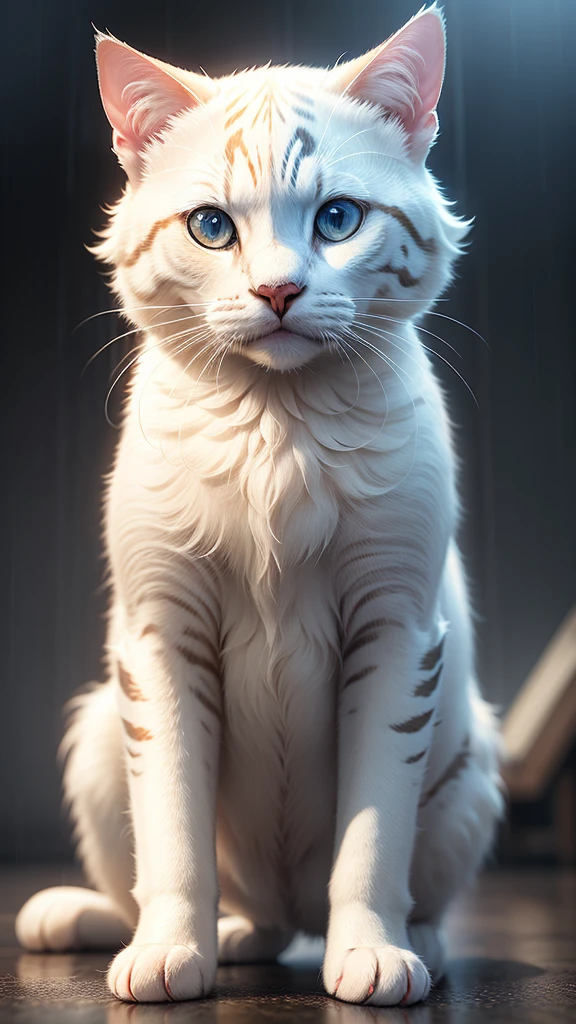 White colored cat puppy wearing raincoat, stormy weather, with cinematic lighting and ultra realistic details, realistic photo, cinematic photography, incredibly detailed, film lighting