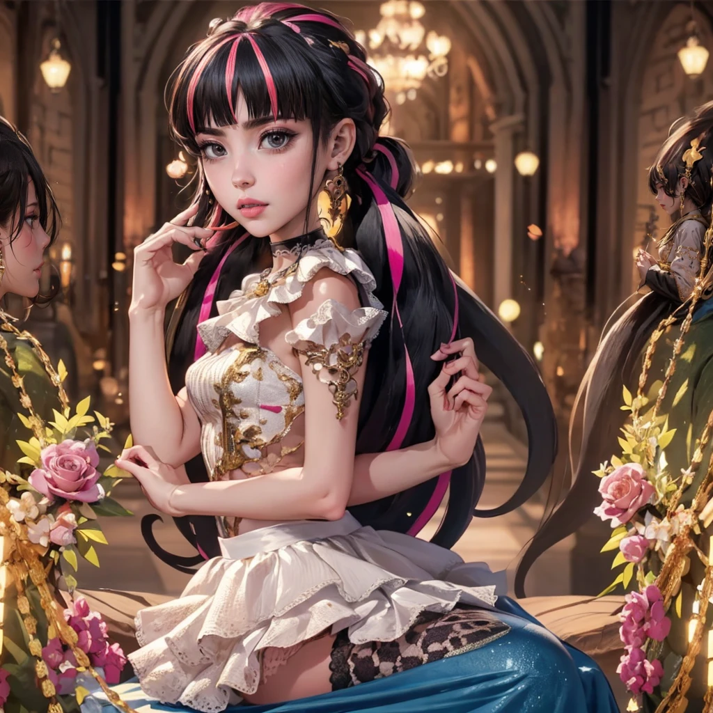 1 girl, a girl with bat wings on her back, succubus, perfectly hands, perfectly body, bat choker, necklace, centered, bat jewelry, upper body portrait, cowboy shot, looking at viewer, Draculaura_MH, solo, black half hair, pink half hair, multicolored hair, long hair, pink knee boots, smile, vampire fangs, bat wings, bat jewelry, jewelry, Draculaura_(monster high), Monster High, ornament hair, long hair, 1 girl, Looking at the audience, flowing hair, Beautiful Eyes, Plump and glossy lips, medieval style, medieval princess dress with too many frills, long dress, black dress, pink laces, black long skirt, Drape clothes, pink gem, Lace trim, medieval hall, luxury gold details, gold jewelry, more details, best quality, Big sparkling eyes, blushing, Striped Lace Stockings, black Lolita skirt, sparkle, solo, centered girl, cowboy shot, perfectly body, perfectly hands, succubus, two arms, two legs, two hands, five fingers, perfect anatomy, glowing hair, pink roses, 1girl, dress, solo, flowing hair, floating hair, ornament hair, perfectly body, perfectly hands, seat on her knees on the floor, sparkles, more details on her clothes, dress with transparency, golden details on her dress, night, succubus, holding a black sword, ((4k, masterpiece, top-quality)), 8k, best quality, high resolution, UHD, (illustration:0.8), super cute girl, delicate and beautiful face, mature girl, super cute hairstyle, (beautiful detailed eyes:1.6), extremely detailed face, perfect lighting, extremely detailed CG, (perfect hands, perfect anatomy), Best quality, cleavage, small skirt, full Body, two arms, two legs, two hands, five fingers