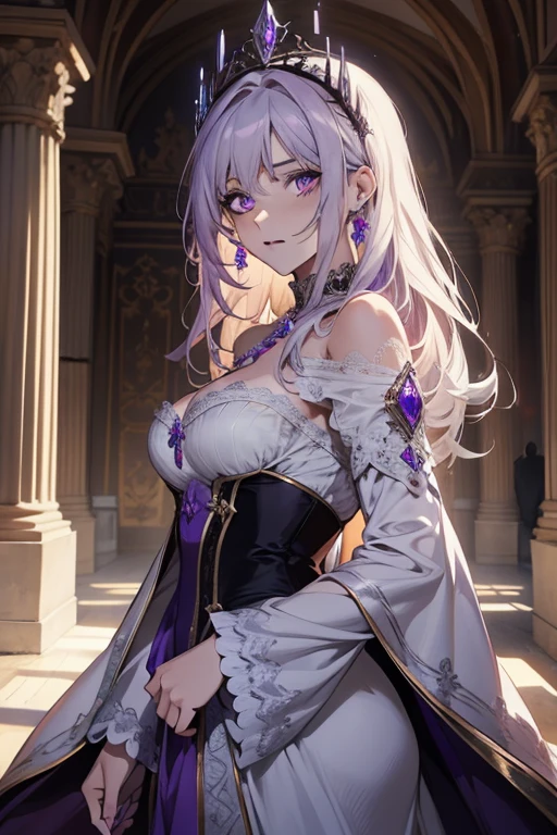 Create a detailed illustration of a new character that may appear in Sword Art Online。
1. **Character Name**: Lyra 2. **gender**: Woman 3. **age**: 18 years old 4. **hair**: 長い銀hair、It has a slight wave.、Braided on one side 5. **eye**: 紫のeye
6. **Skin color**: White Skin 7. **Costume**:
- Black and purple armor with intricate silver detailing - A flowing deep purple cloak - Silver gauntlets and boots - A crystal amulet around his neck - (Big Breasts:1.6)
8. **arms**:
- Shining amethyst embedded in the hilt、Slim Double-Edged Sword 9. **Pause**:
- Standing confidently with sword held in front of him、Combat Ready Stance 10. **background**:
- Ancient Ruins Covered in Ivy、There are glowing runes on the wall.11. **Personality and expression**:
- A determined and courageous character、A slightly mysterious look on the face12. **Additional details**:
- A slight magical aura around the sword - A soft light filtering through the ruins creates a dramatic atmosphere