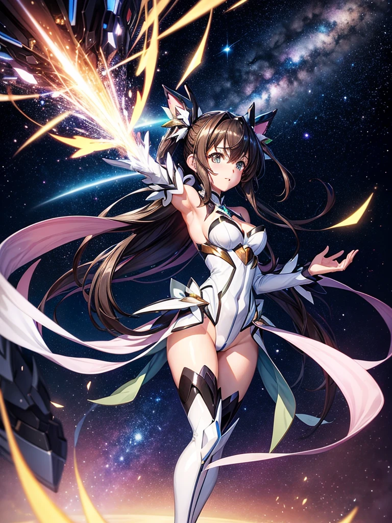 Highest quality,Highest Resolution,A beautiful girl in a metallic high-leg outfit, like Tsubasa Kazanari from Symphogear,Earth Behind,universe,Milky Way,Black Hair,