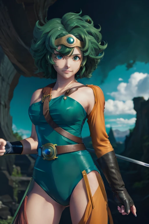 Anime Artwork Anime Artwork Masterpiece,Highest quality, Unreal Engine, Ultra-high resolution, Very detailed丸い胸, 1 person with medium chest,  Waist, thin,(Muscular:0.9)
 heroine, 
Circlet, Curly Hair, Green Hair, short hair, Asymmetrical clothing, leotard, belt, One-handed gloves, Single Sleeve, Single Thigh High Cave, Holding a sword, . Anime Style, Key Visual, Vibrant, Studio Anime,  Very detailed
