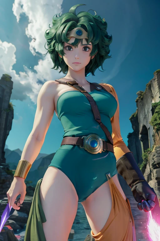 Anime Artwork Anime Artwork Masterpiece,Highest quality, Unreal Engine, Ultra-high resolution, Very detailed丸い胸, 1 person with medium chest,  Waist, thin,(Muscular:0.9)
 heroine, 
Circlet, Curly Hair, Green Hair, short hair, Asymmetrical clothing, leotard, belt, One-handed gloves, Single Sleeve, Single Thigh High Cave, Holding a sword, . Anime Style, Key Visual, Vibrant, Studio Anime,  Very detailed
