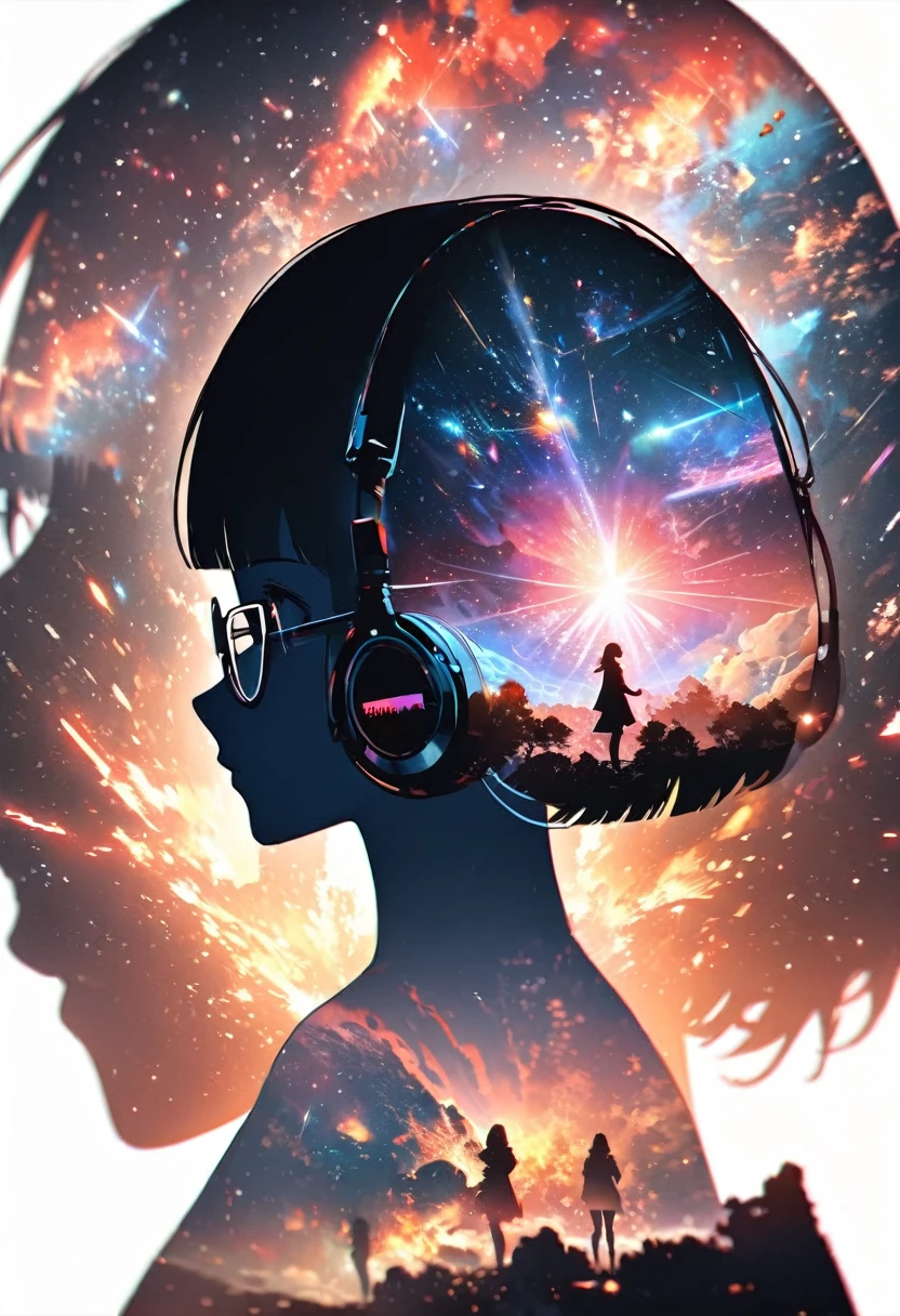 silhouette of a woman in profile.(super very short hair:1.3), blunt bangs, (((underrim glasses:1.3))), (headphones:1.3), Inside the silhouette you can see the double exposure with a deep space, universe, supernova explosion, masterpiece, ((double exposure)), proportional.,DOUBLE EXPOSURE

