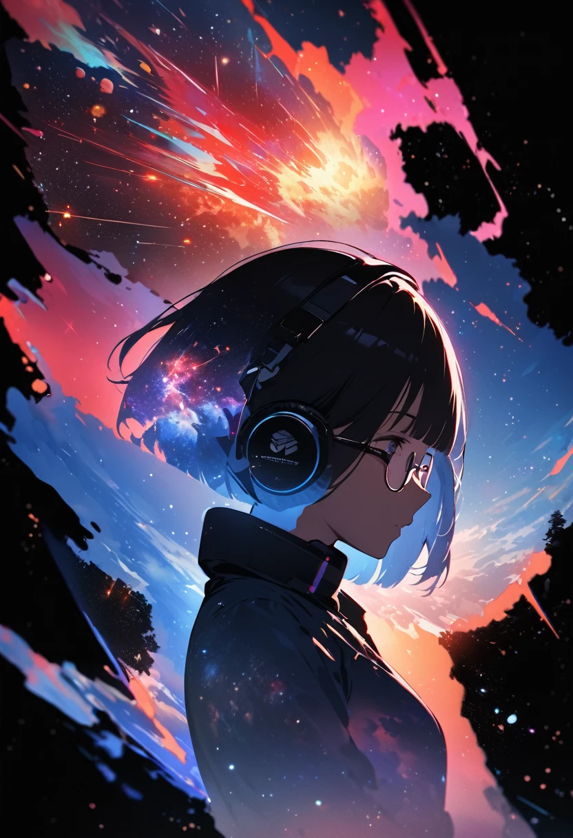 silhouette of a woman in profile.(super very short hair:1.3), blunt bangs, (((underrim glasses:1.3))), (headphones:1.3), Inside the silhouette you can see the double exposure with a deep space, universe, supernova explosion, masterpiece, ((double exposure)), proportional.,DOUBLE EXPOSURE