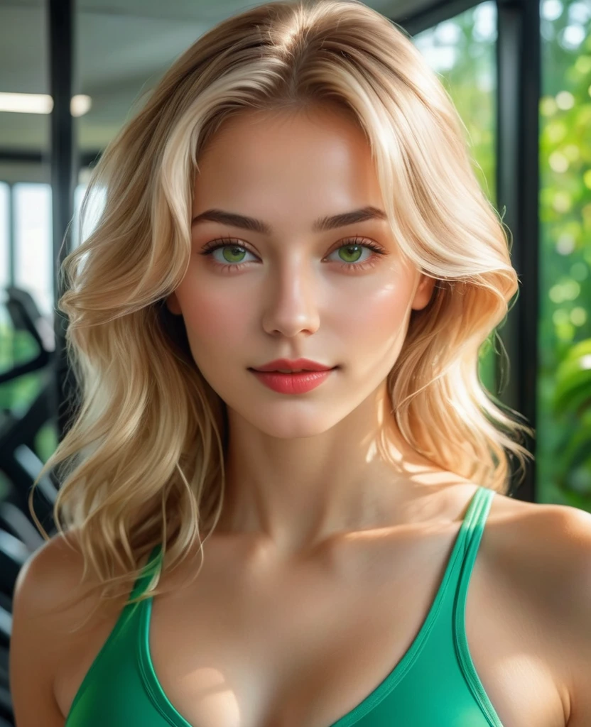 , (top quality, 4k, 8K, a high resolution, masterpiece:1.2), very detailed, (realistic, photorealistic, photo-realistic:1.37), realistic,Portraits, beautiful girl, paintings, soft strokes, Bright colors, detailed girl eyes (left eyes green, right eyes brown) detailed girl lips, peaceful expression, little red bikini, figure, Tender smile, natural sunlight, lush greenery, Wavy hair, subtle shadows, fine features, captivating look, Sunlight penetrates through the trees, Floral patterns, sweet connection, Bright and cheerful atmosphere, Innocent charm, Tender interaction, three-dimensional and realistic presentation, capture the emotional connection between people and nature, positive and emotional emotions, Impeccable attention to detail,carefully composed composition, Subtle highlights and shading, Impressionistic style of painting, ethereal and dreamlike quality, blond hair, 20 years, who takes a photo of himself at the gym in a mirror in sportswear, full body view