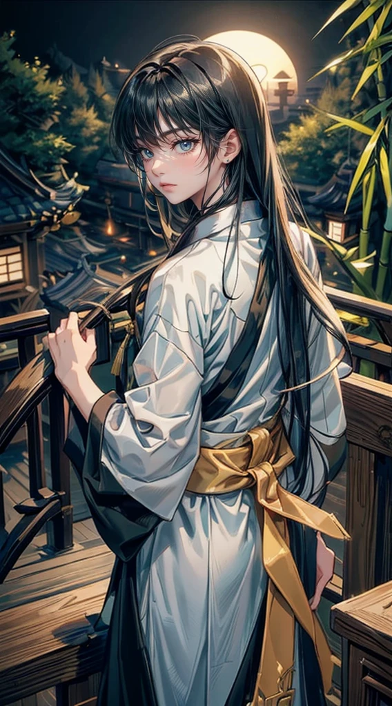 ((4K works))、​masterpiece、(top-quality)、One Beautiful Boy、thin body、thin boy,tall、((green Hanfu、Charming street style))、(Detailed beautiful eyes)、Stylish Chinese house 、((bamboo forest background))、((dark sky))、((Shot on a stylish veranda))、mid night、((long-haired black hair))、((Smaller face))、((Neutral face))、((growing eyes))、((Adult male 16 years old))、((1boy))、((anime boy))、((elongated and sharp eyes))、((16 year old boy))、((boyish))、((Upper body photography))、Professional Photos、((Shot alone))、((shot from back))、((Shot so that the back of the head is visible))、((Shot in close proximity to him))、((Focus zoom in))、((He is watching the sunset))、((He is standing on the balcony)),long hair, 16k,