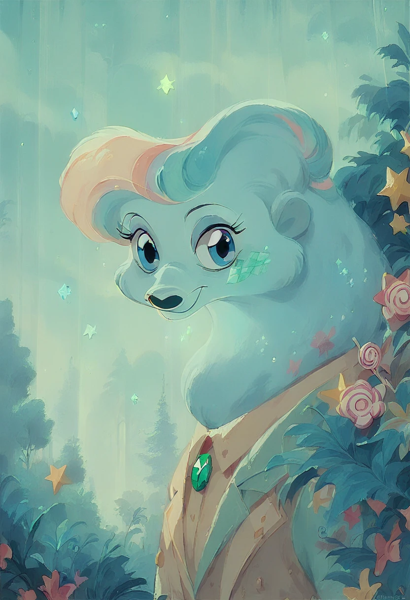 (fluorescent colors:1.4),(translucent:1.4),(retro filters:1.4), (Fancy:1.4), candy world Disney land ethereal soft fluffy soft landscape forest snowavatar Pastel pink sky green blue glitter light ethereal pastel whimsical light rainbow stars diamonds glitter gemstone hyper realistic background Ultra quality cinematic lighting immense detail Full HD painting Well lit,diagonal bangs,, collared dress,on side, Masterpiece, Best Quality,real fur,(portrait:1.5), 1 girl, blunt bangs, wide