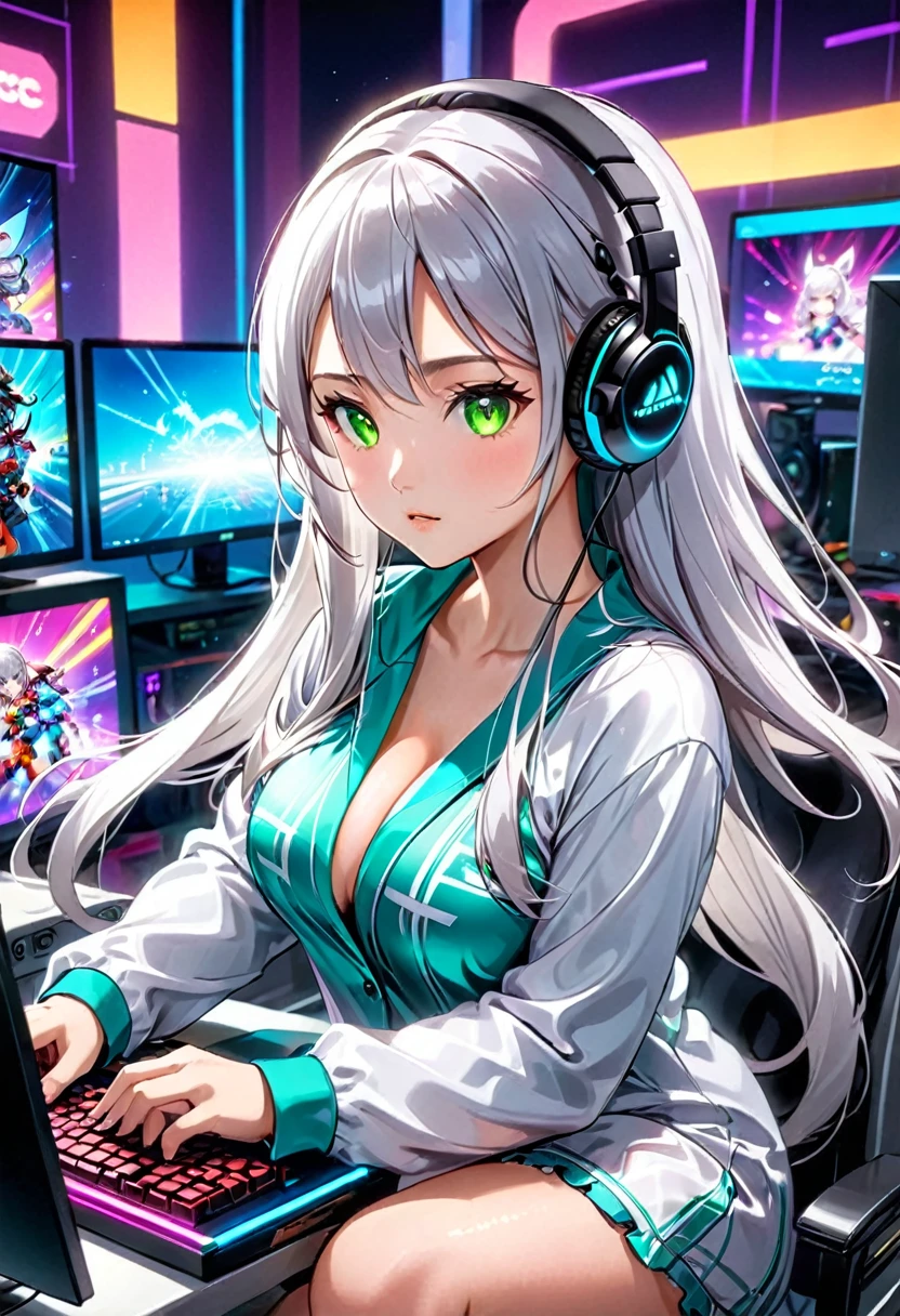 Beautiful asian woman, long silver hair, green eyes, cute pajamas, busty, playing video games on a futuristic computer with neon lights, competitive gaming, anime style, focused on the game, headphones, 