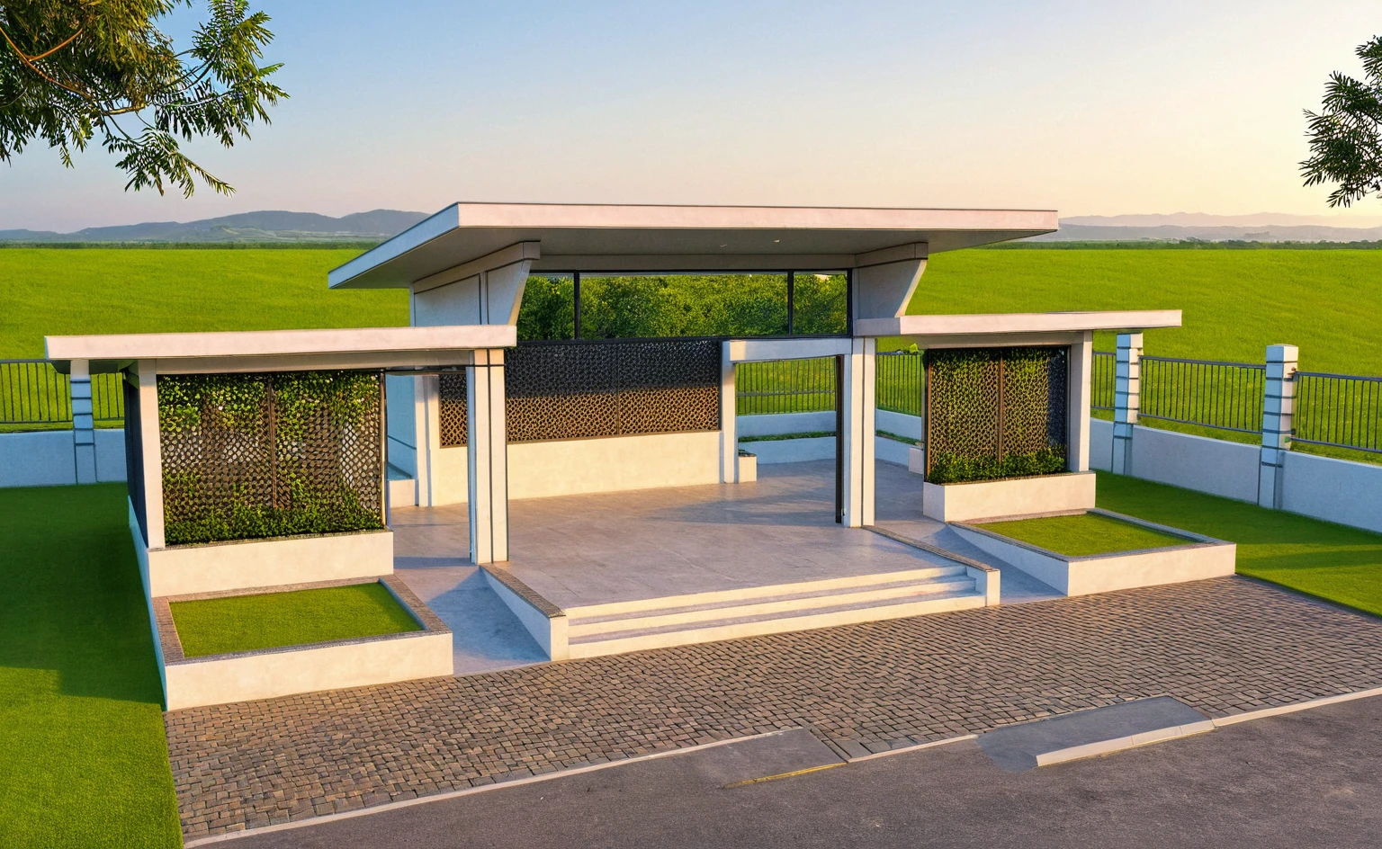 Masterpiece, high quality, best quality, authentic, super detail, outdoors, huts, white wall, road, field landscape, pavement, grass, trees, blue sky, sunset, (day:1.1), spring lighting