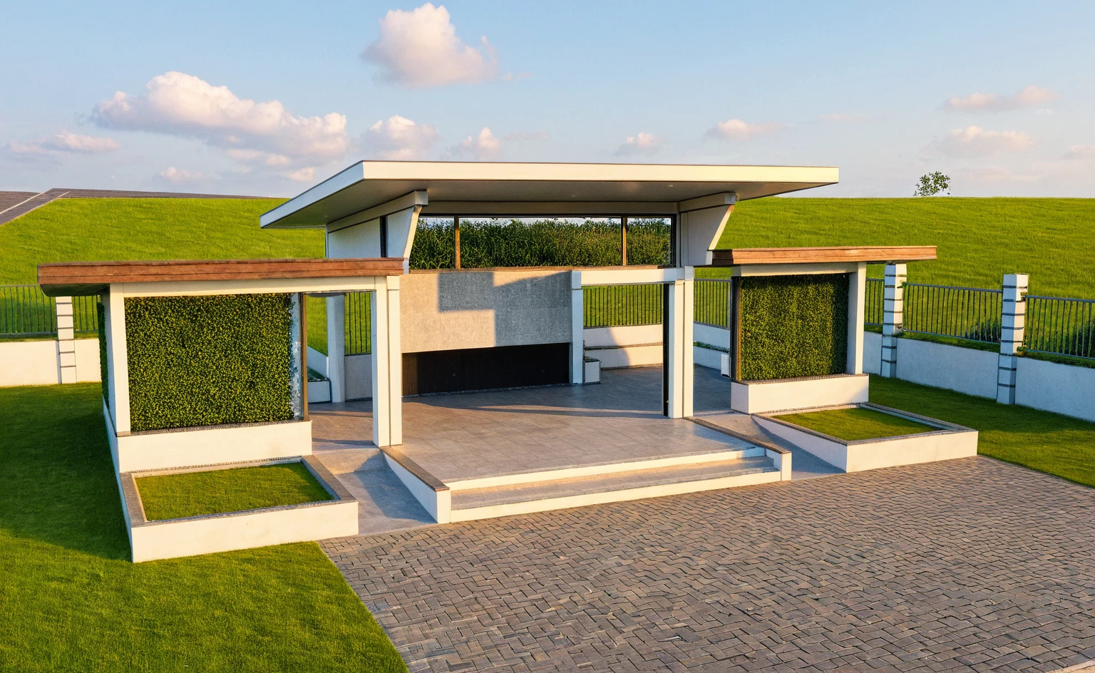 Masterpiece, high quality, best quality, authentic, super detail, outdoors, huts, white wall, road, field landscape, pavement, grass, trees, blue sky, sunset, (day:1.1), spring lighting