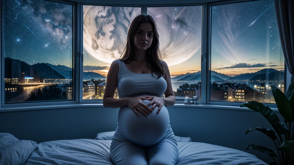 Pregnant humans near in window, night, Star brightness , high quality, high resolution, high quality, 8k details